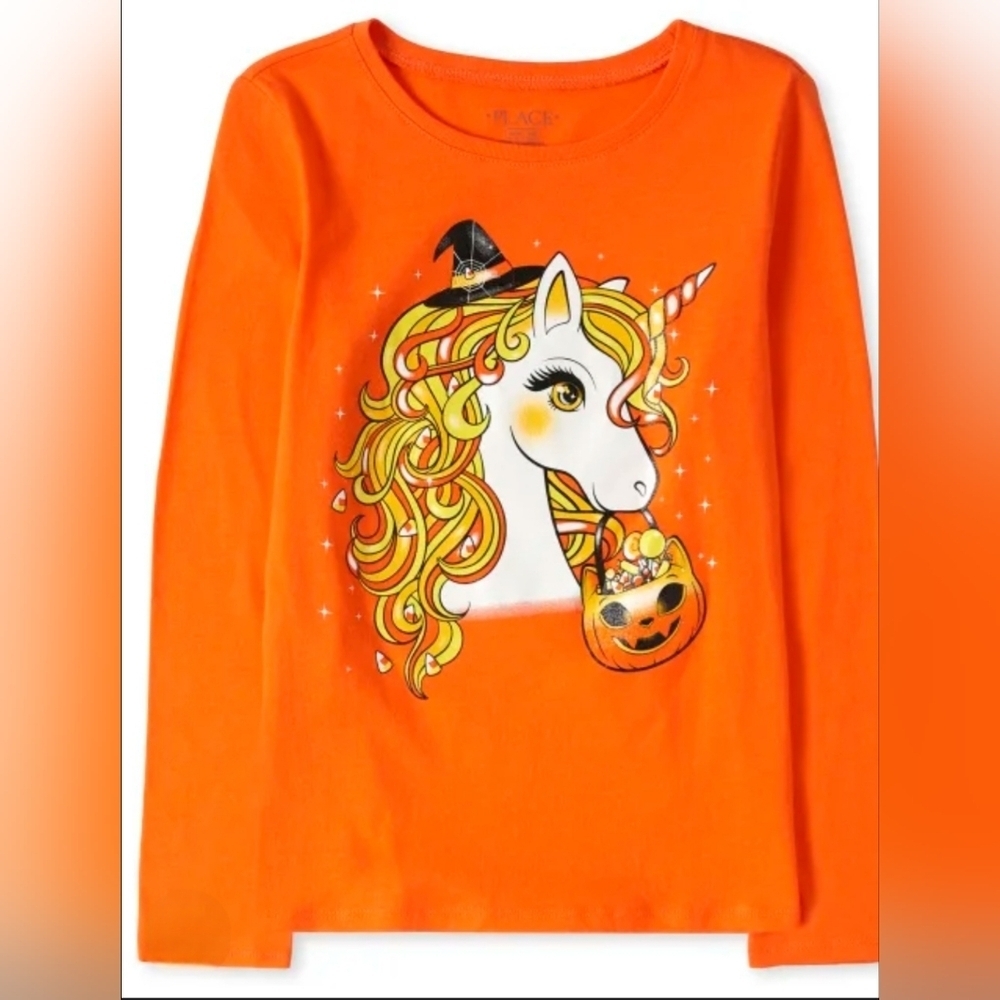 The Children's Place Orange Unicorn Halloween Shirt Girl US 10/12 Graphic Tee